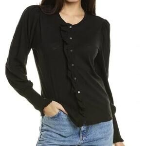 Goldie Lewinter 100% Pima Cotton Black Ruffle Placket Top - Size - Medium - NWT